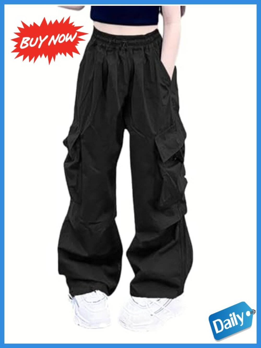 Nanasait Cargo Pants Women High Rise Elastic Waist Drawstring Pockets